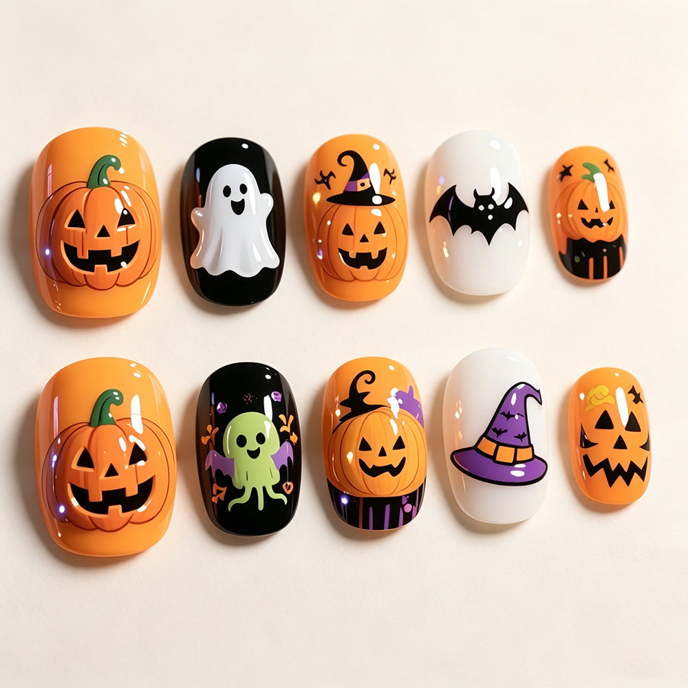 Cute Cartoon Pumpkin Ghost Short Press-On Nails, Halloween Bat & Witch Hat Nail Tips, Fun & Playful Fake Nails