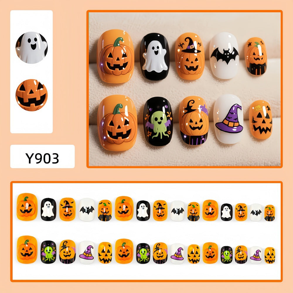 Cute Cartoon Pumpkin Ghost Short Press-On Nails, Halloween Bat & Witch Hat Nail Tips, Fun & Playful Fake Nails