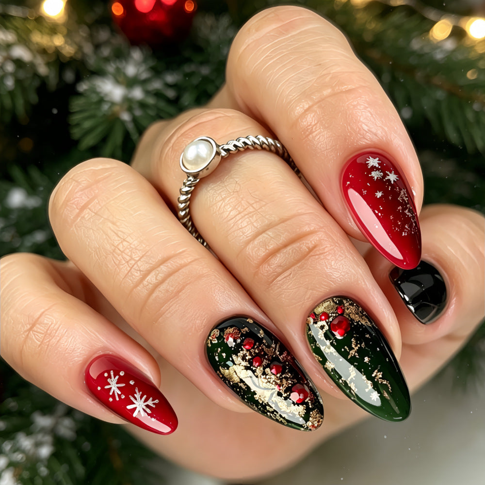 Christmas Red Green & Gold Foil Press-On Nails – Rhinestone Almond False Nails, Trendy European & American Style, Removable & Reusable Holiday Nail Art