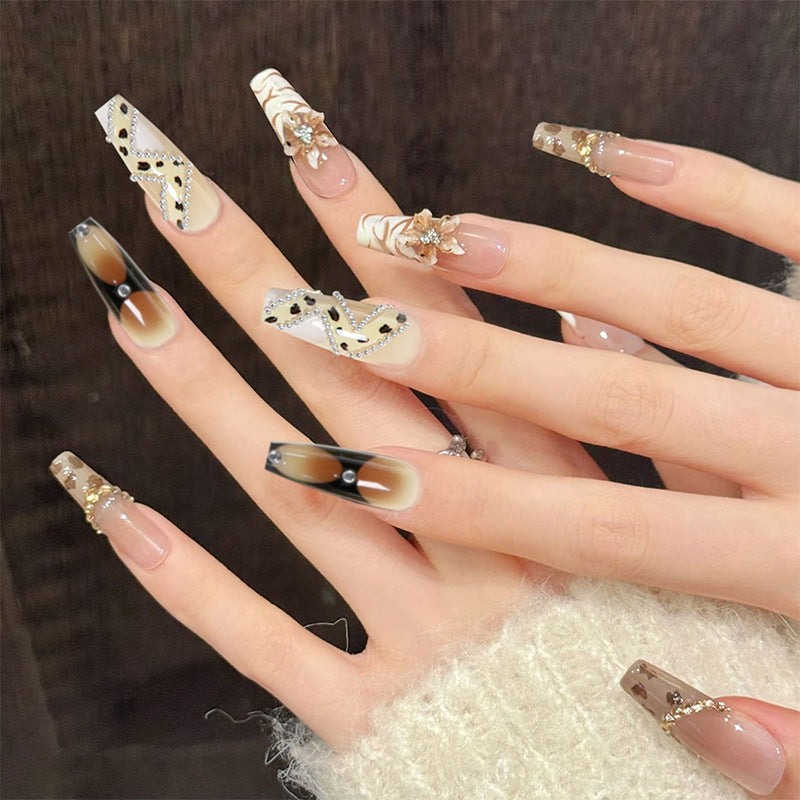 Leopard Print Press-On Nails, Medium Tapered Blush Nails, Handmade Rhinestone & 3D Floral Nail Tips 💅🐆🌸