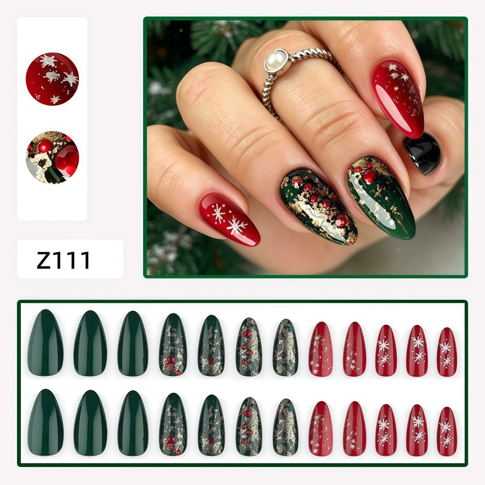 Christmas Red Green & Gold Foil Press-On Nails – Rhinestone Almond False Nails, Trendy European & American Style, Removable & Reusable Holiday Nail Art