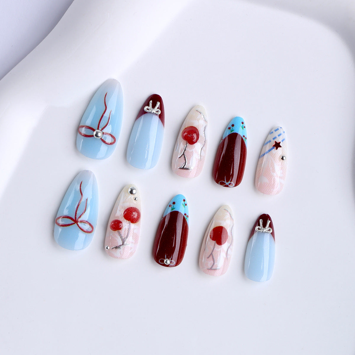 24-Piece Sweet & Edgy Girl Style Almond Press-On Nails, Luxury Elegant Fake Nails, Sophisticated Glamorous Manicure Set