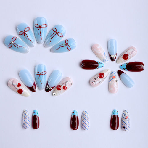 24-Piece Sweet & Edgy Girl Style Almond Press-On Nails, Luxury Elegant Fake Nails, Sophisticated Glamorous Manicure Set