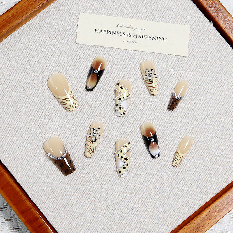Leopard Print Press-On Nails, Medium Tapered Blush Nails, Handmade Rhinestone & 3D Floral Nail Tips 💅🐆🌸