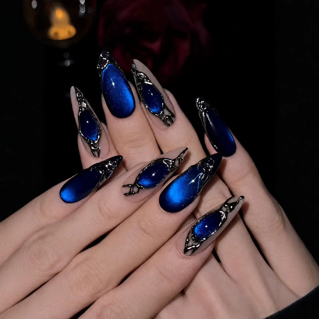 Sapphire Blue Cat Eye Press-On Nails – Gothic Metallic Cutout Long Almond Nails
