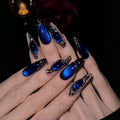 Sapphire Blue Cat Eye Press-On Nails – Gothic Metallic Cutout Long Almond Nails