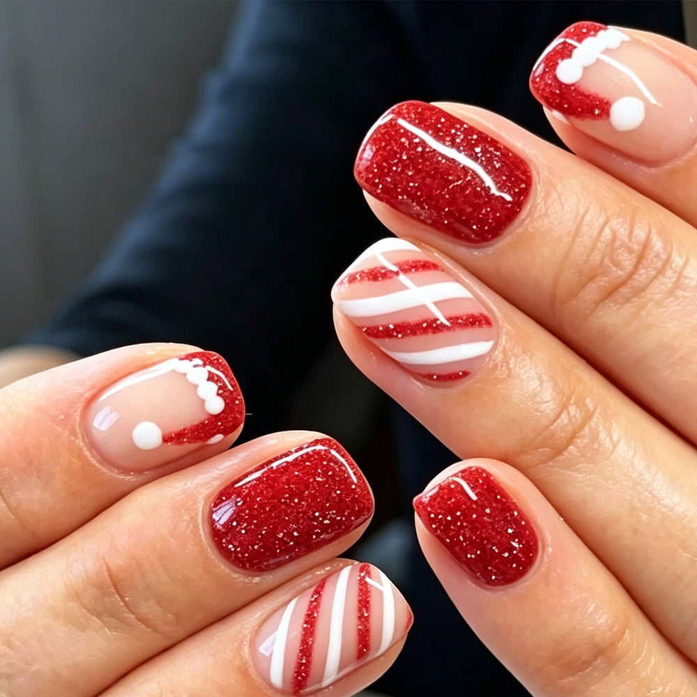 Cute Short Glossy Christmas Press-On Nails, Red & White French Santa Hat Design with Sparkling Glitter Stripes, Festive Holiday Nail Art