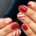 Cute Short Glossy Christmas Press-On Nails, Red & White French Santa Hat Design with Sparkling Glitter Stripes, Festive Holiday Nail Art