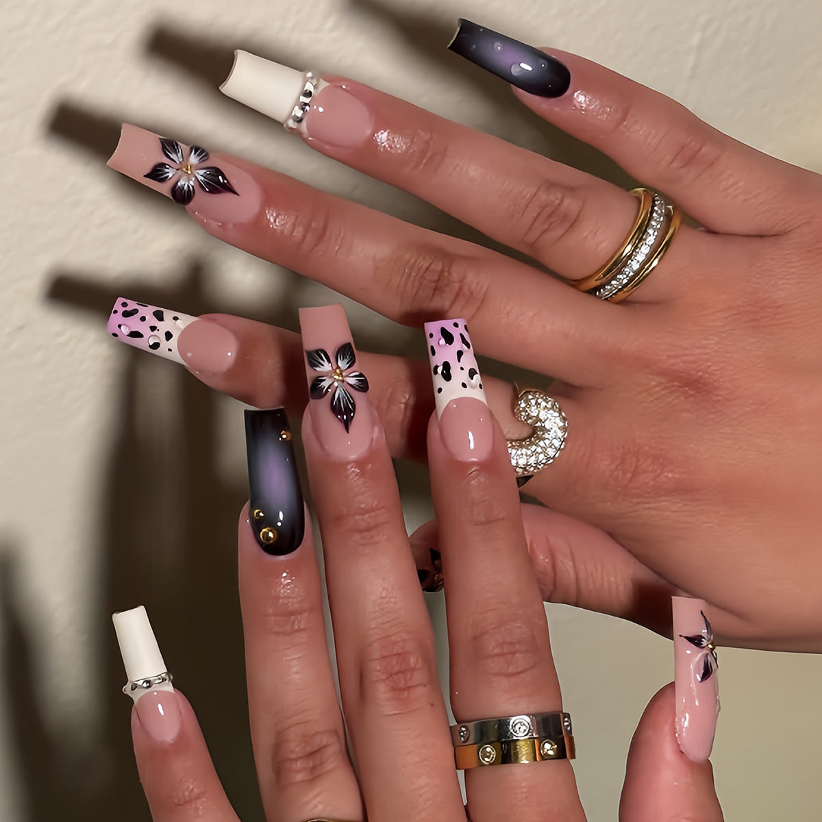 Long Fall Winter Ombre Leopard Press-On Nails, Handmade Rhinestone Accents with 3D Floral Embellishments