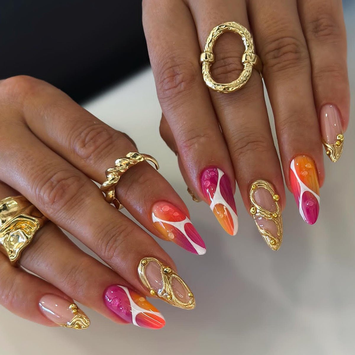 Bohemian Gold-Accented Press-On Nails, Hand-Painted 3D Artistic Almond False Nails, Reusable Nail Tips ✨💅