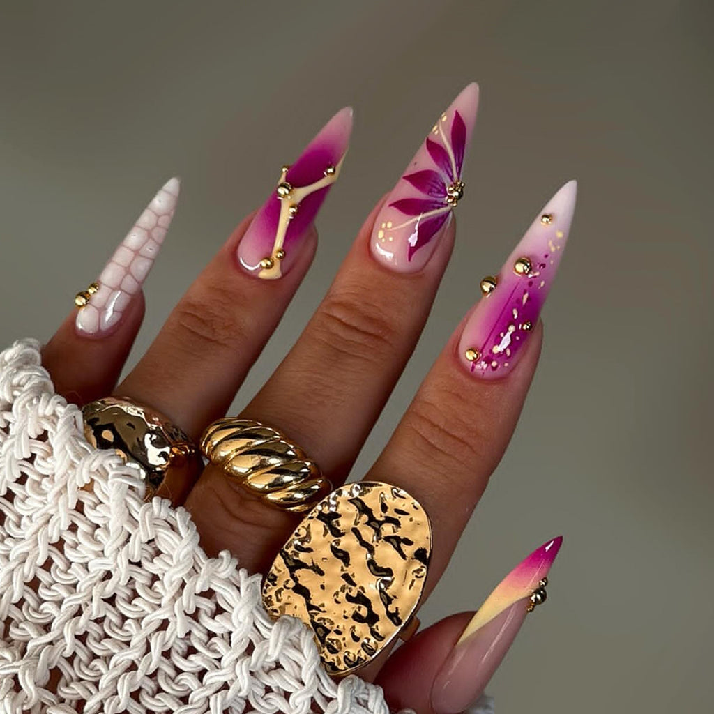 Long Stiletto Tropical Exotic Luxe Pattern Press-On Nails, Stylish False Nail Tips 🌴✨💅