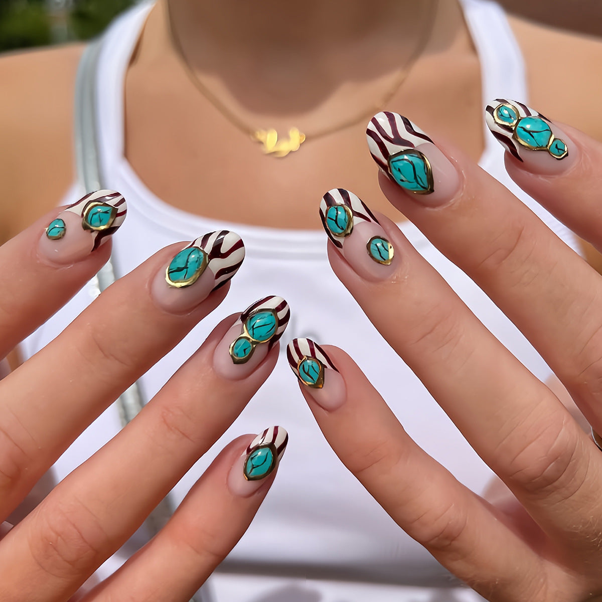 Luxury Handmade Oval Press-On Nails, 3D Turquoise Stripes & Gold French Tips