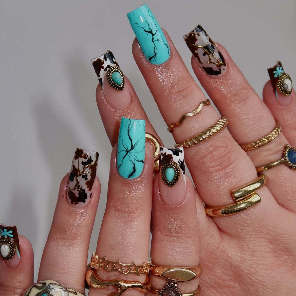 Luxury Handmade Press-On Nails, Sparkling Heart Rhinestone Teal Stripes with Ink-Wash White Tips, High-End Statement Nail Art
