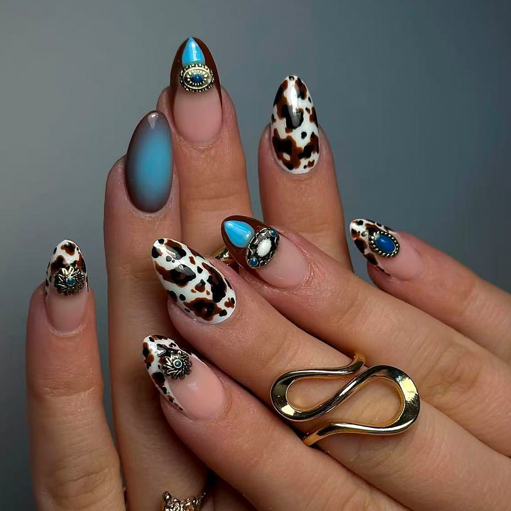 Almond Cow Print Press-On Nails, Retro Luxe Embossed Design, Stylish 3D Textured False Nail Tips 🐄🤎💅