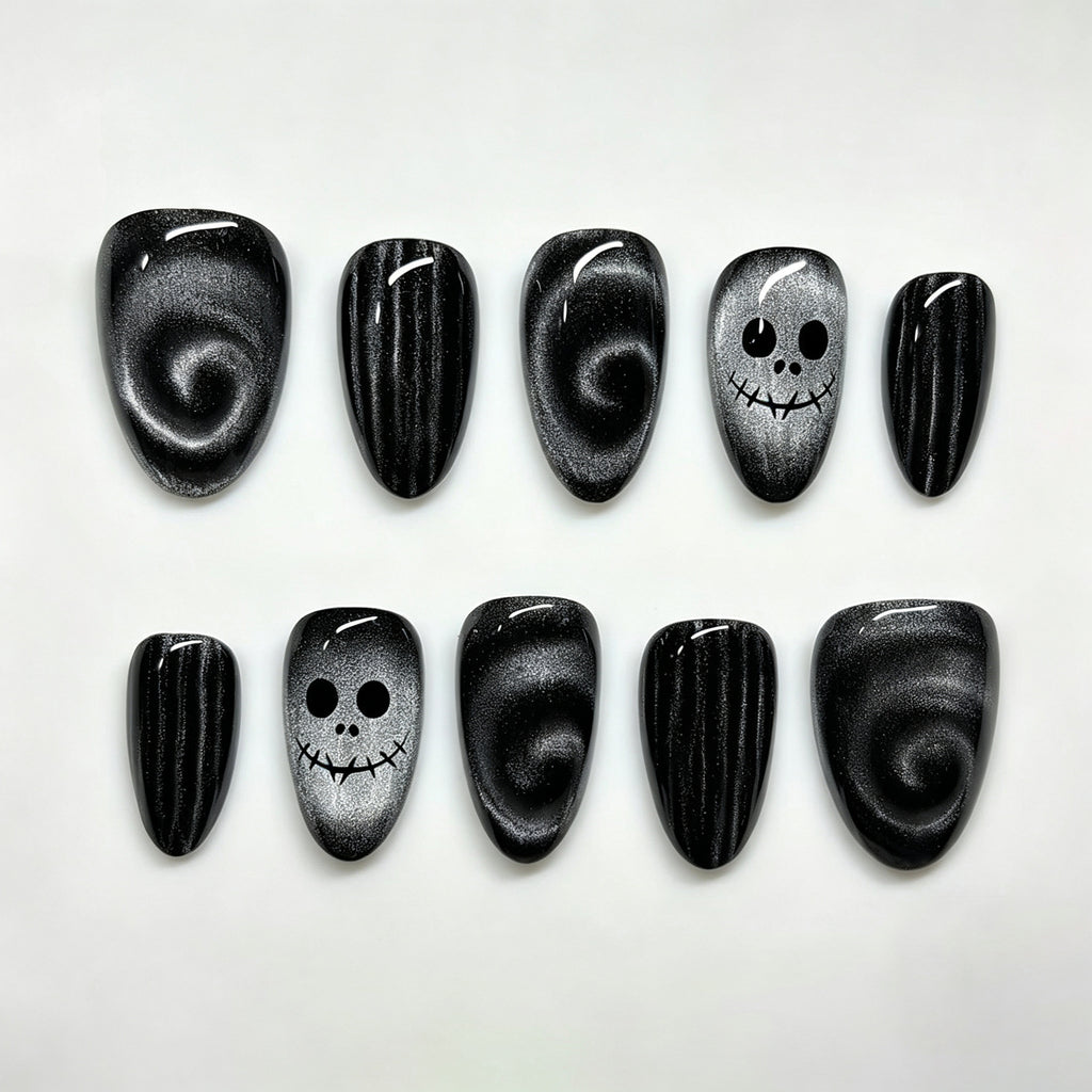 Halloween Black & White Ghost Cat Eye Almond Press-On Nails – Spooky Chic Design, 30-Piece Set