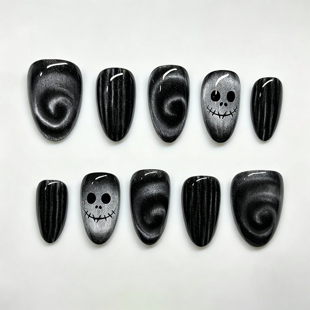 Halloween Black & White Ghost Cat Eye Almond Press-On Nails – Spooky Chic Design, 30-Piece Set