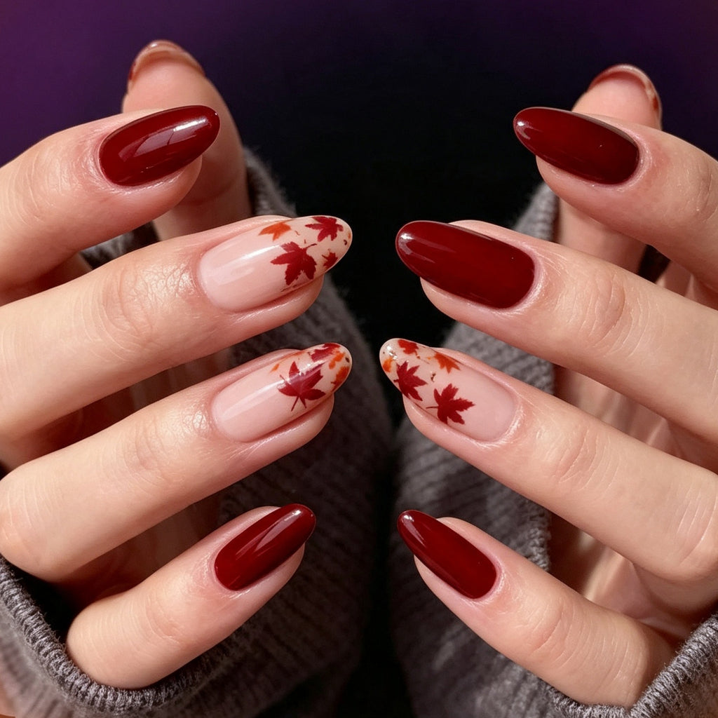 Handmade Autumn Maple Leaf Press-On Nails, Vintage Red & Orange Fall Nail Art, Long Almond Shaped, Elegant Cozy False Nails