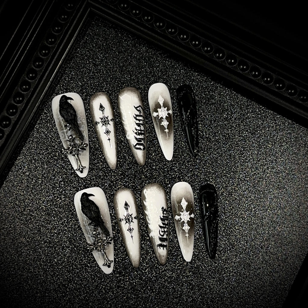 Handmade Halloween Press-On Nails | Black & White Gothic 3D Raven & Cross Long False Nails | Reusable Statement Nail Tips