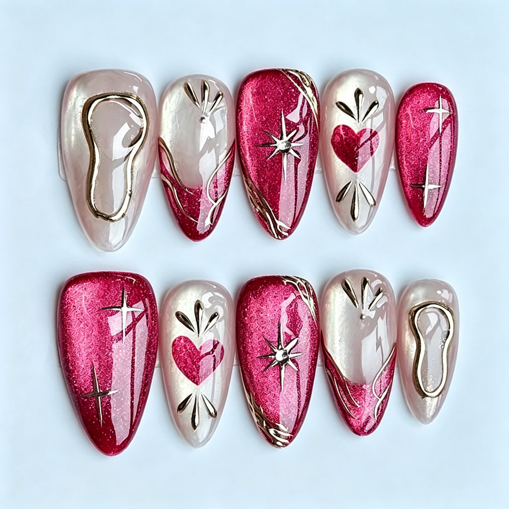 Sweet Heart Cat Eye Almond Press-On Nails with Elegant Gold French Tips – 30-Piece Nail Set