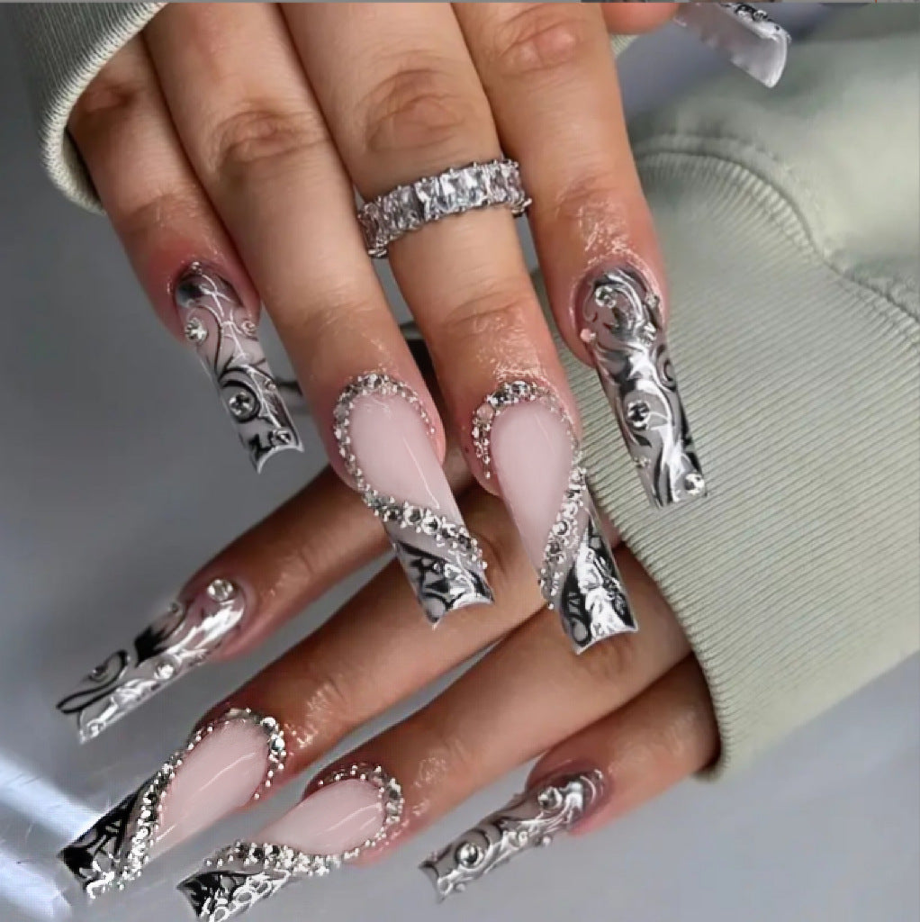 Handmade Black French Press-On Nails with 3D Heart & Rhinestone Design, Long Square Fake Nails