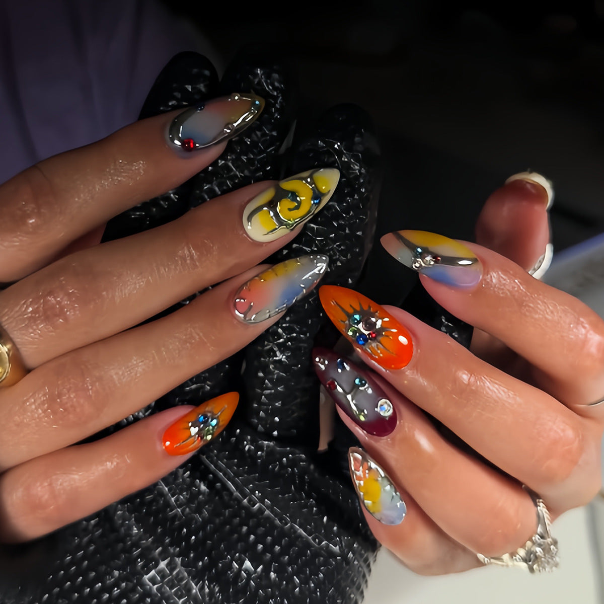 Luxury 3D Embossed Rhinestone Press-On Nails, Handmade Rainbow Almond Fake Nails, Edgy Punk Statement Manicure Set, Glamorous Decorative Nail Tips for Women
