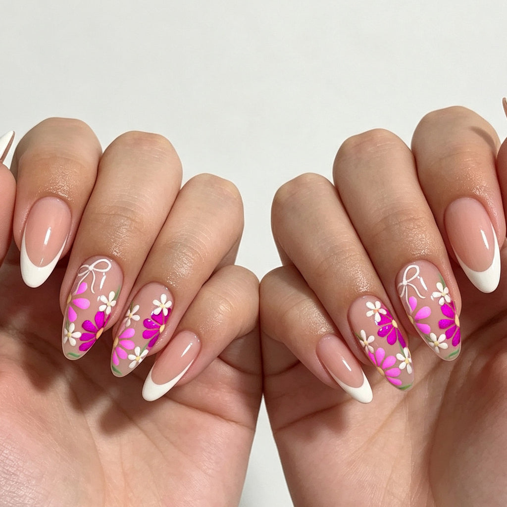 Handmade Daisy Bow French Press-On Nails, Sweet Floral Nail Art, Long Almond Shaped Fake Nails, Cute Elegant Manicure for Women