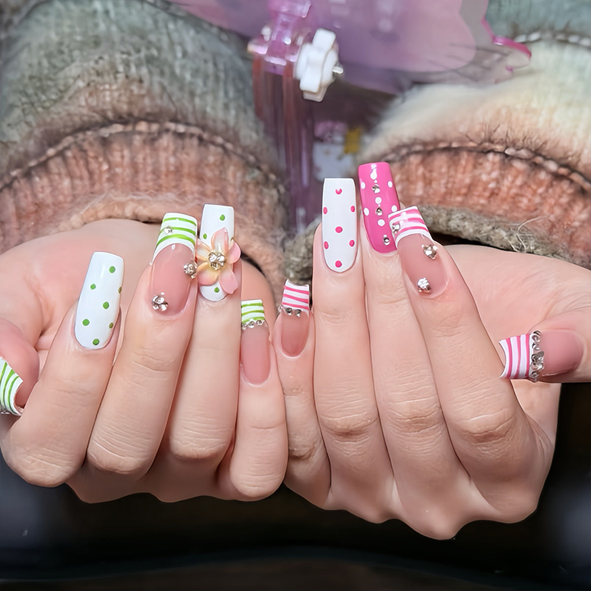 Dopamine Handmade Press-On Nails, Polka Dot Floral Print Design with Hand-Applied Rhinestones, Colorful & Playful Nail Art Tips