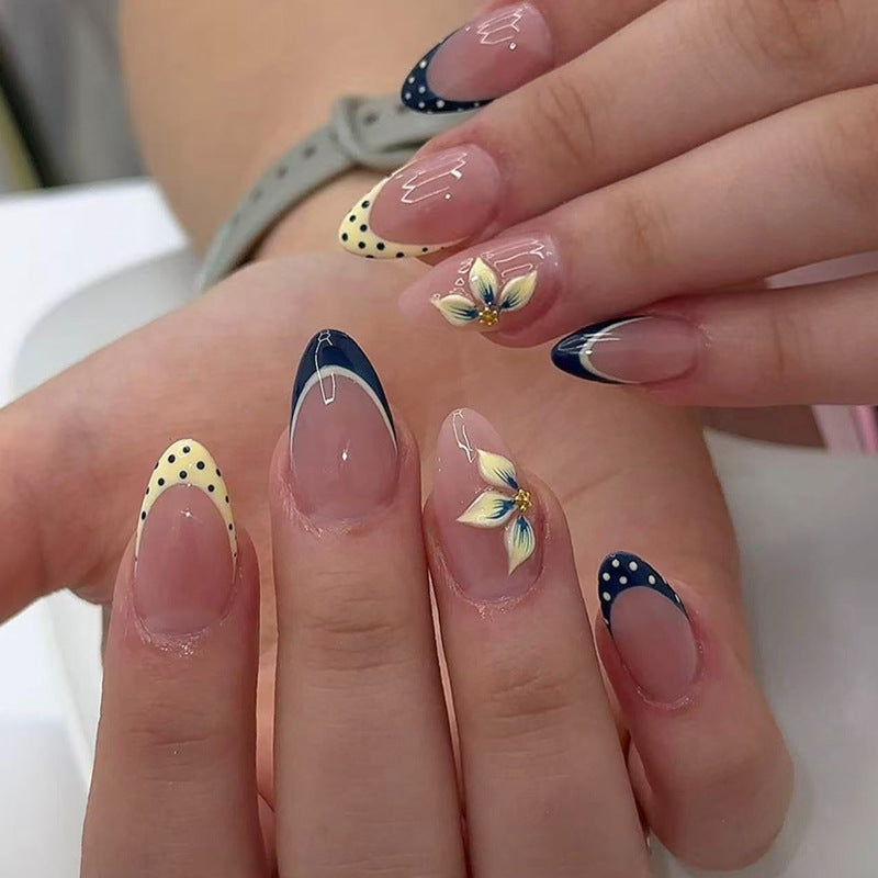Trending French Tip Press-On Nails, Polka Dot Color-Block Almond Nails, 3D Floral False Nails, Ready-to-Wear Nail Tips 💅🌸