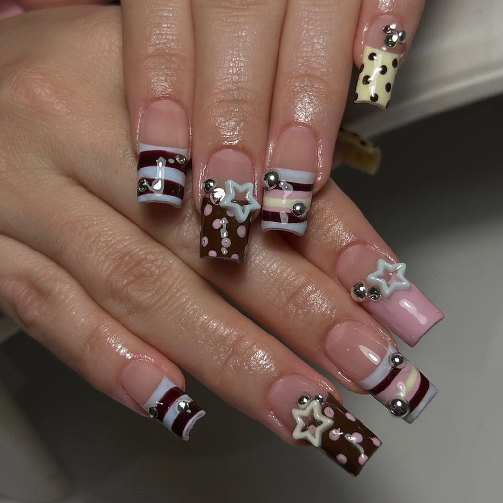 European & American Style Polka Dot Y2K Star Press-On Nails, Handmade Rhinestone Nail Tips, Trendy False Nails 💅⭐✨