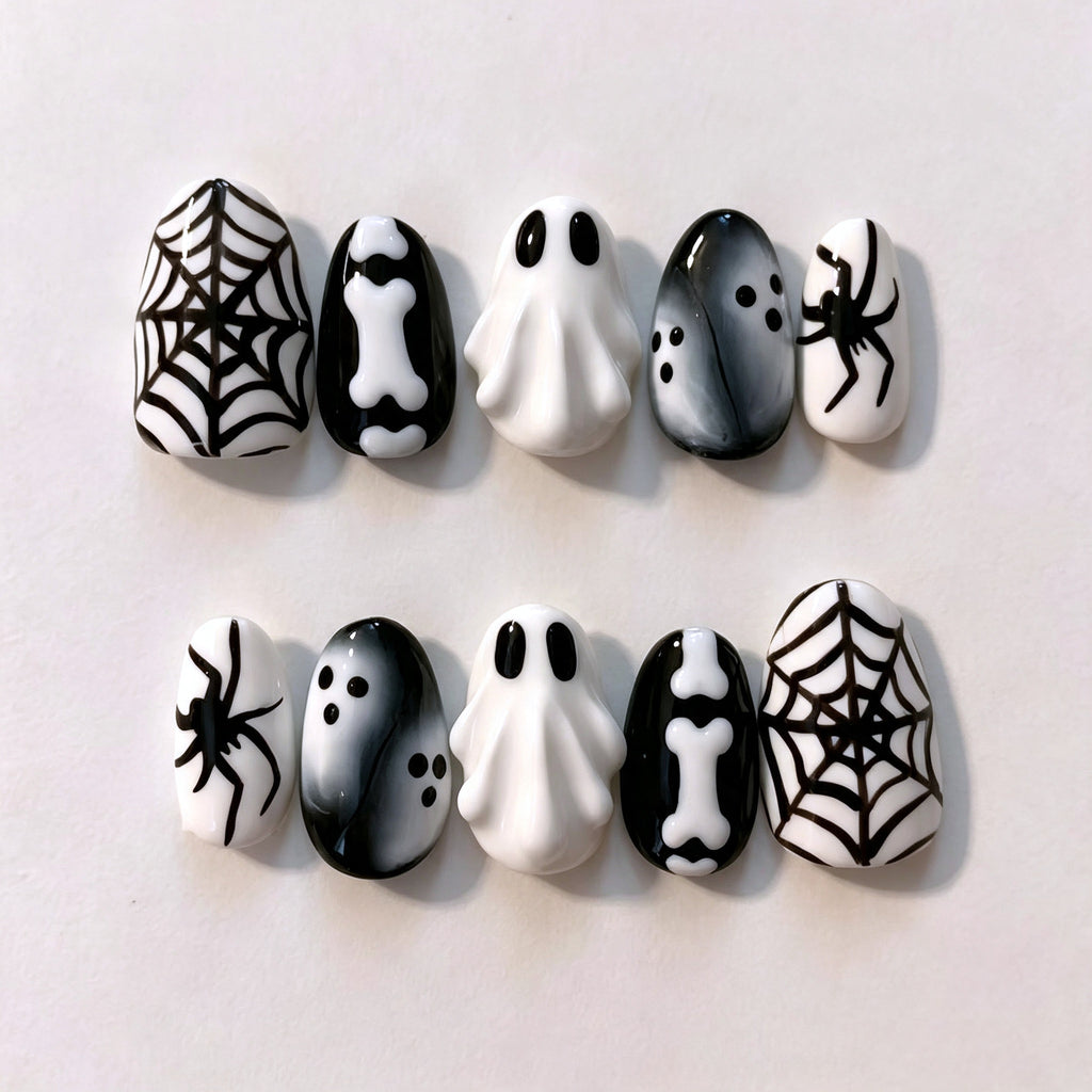 Cute 3D Ghost Halloween Press-On Nails – Short Almond Nails with Spider Web Design, In Stock