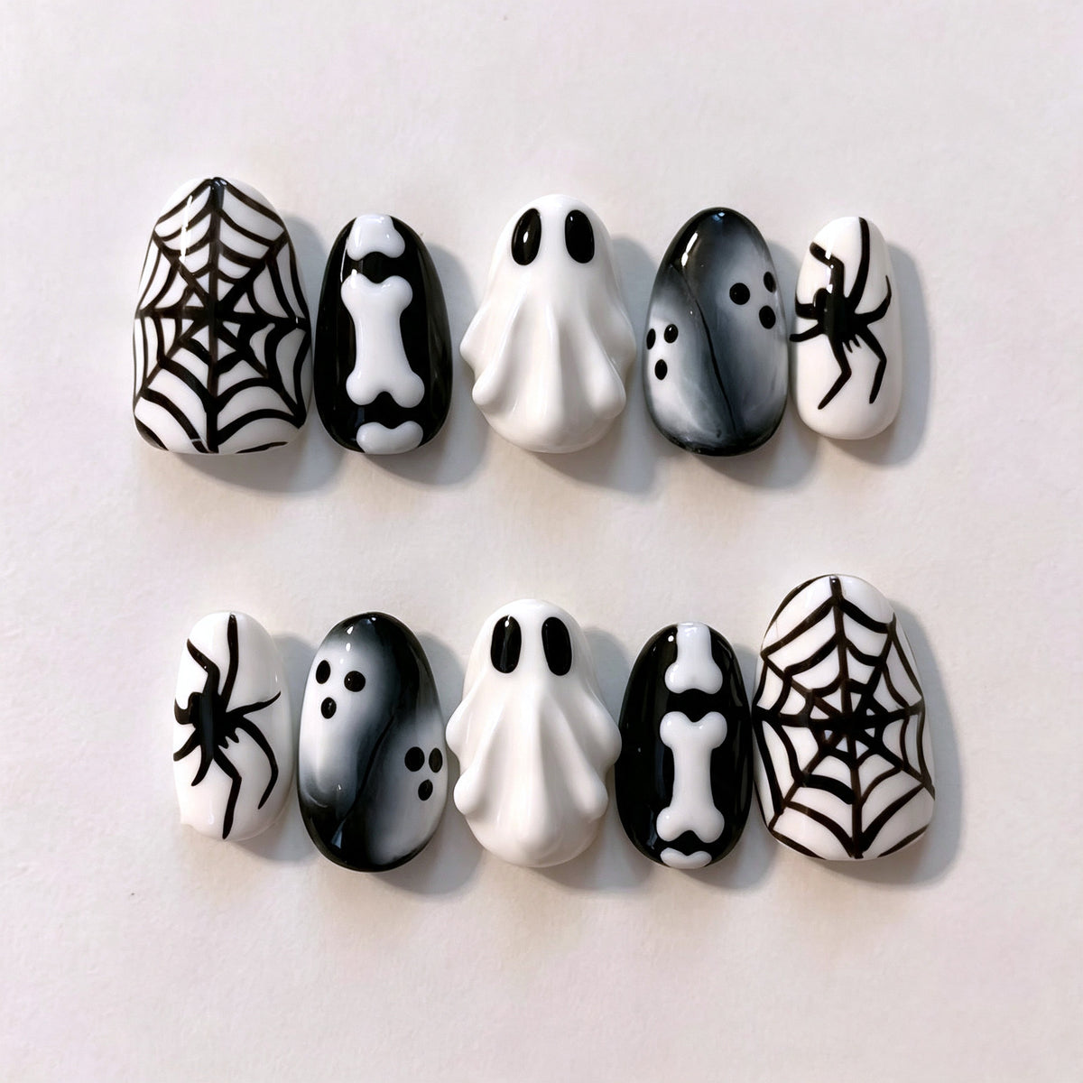 Cute 3D Ghost Halloween Press-On Nails – Short Almond Nails with Spider Web Design, In Stock