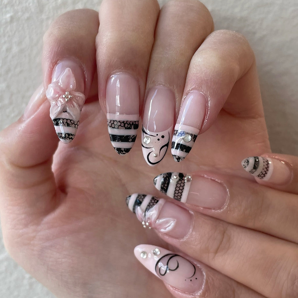 Best-Selling Handmade Short Almond Press-On Nails, Rhinestone 3D Floral & Striped Design, Cute False Nails, French, Sweet & Edgy, Fresh, European & American, Luxe, Instagram Style 💅✨🌸