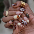 Fall Maple Leaf Floral French Press-On Nails, Brown Almond False Nails, Elegant Vintage Autumn Winter Nail Design
