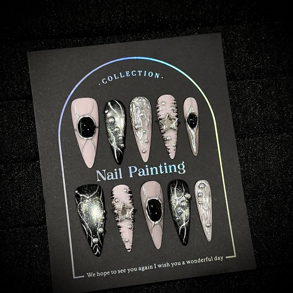 Handmade Black & Pink Cat-Eye Long Press-On Nails – Luxury Y2K Hand-Painted Star False Nails