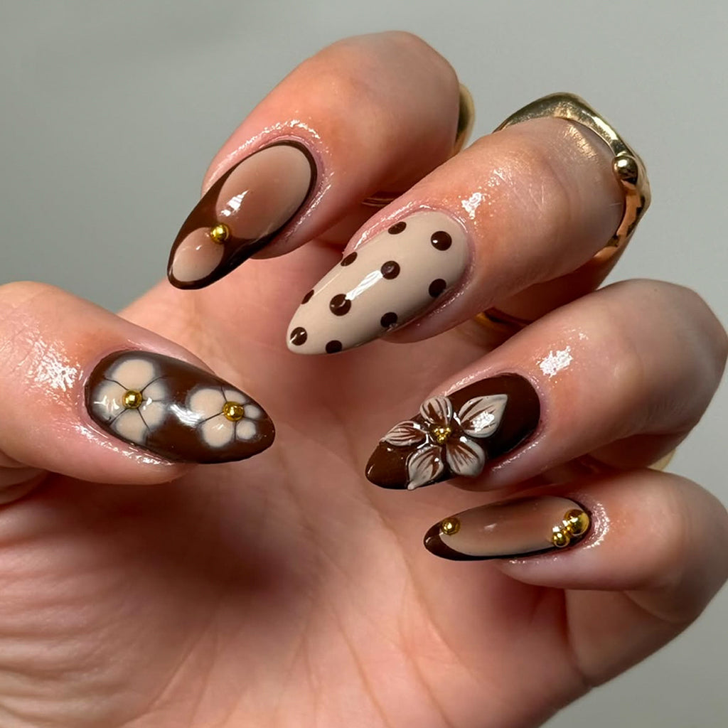 Handmade Almond French Tip Press-On Nails, Brown Polka Dot Floral False Nails, Trendy Reusable Nail Tips 🤎🌸💅