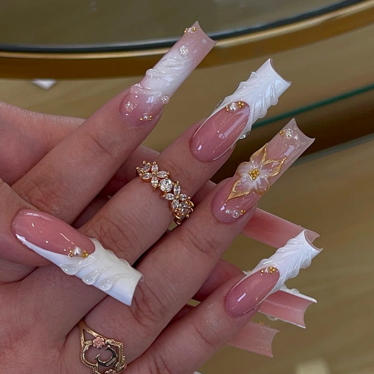 Long Coffin Press-On Nails, White Drip Gel, Gold-Accented 3D Floral Relief, Handmade Rhinestone Nail Tips 💅✨🌸