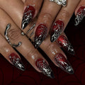 Halloween Dark Red Gradient Glitter Almond Press-On Nails – Handmade Spider Web Design, 24-Piece Set