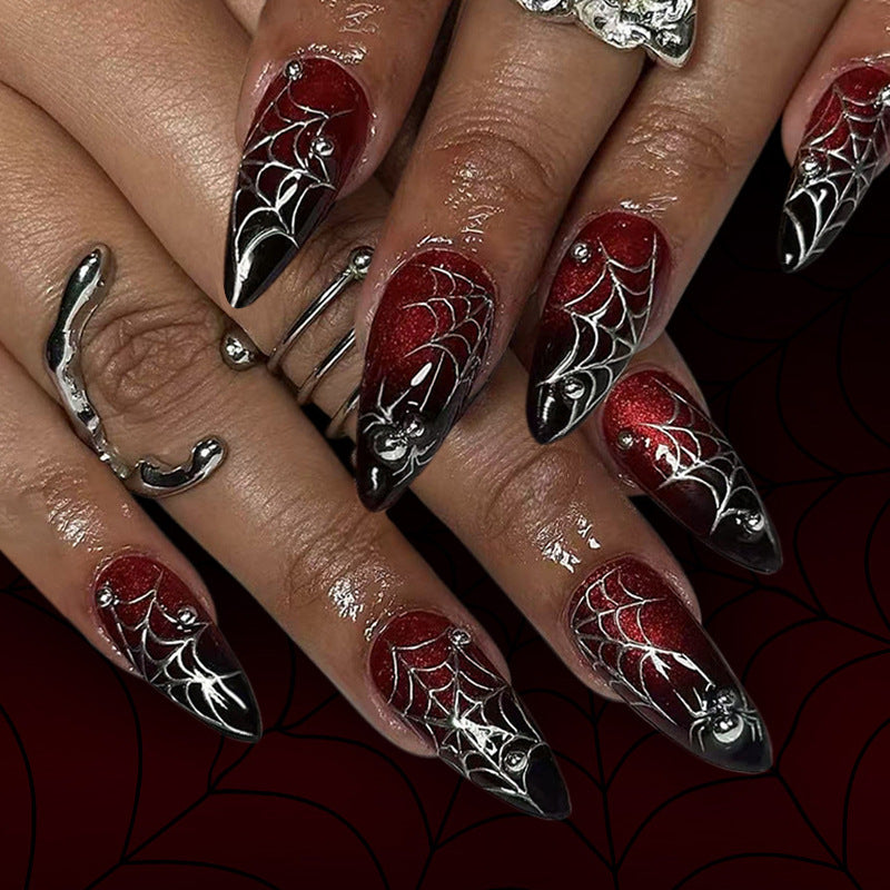 Halloween Dark Red Gradient Glitter Almond Press-On Nails – Handmade Spider Web Design, 24-Piece Set