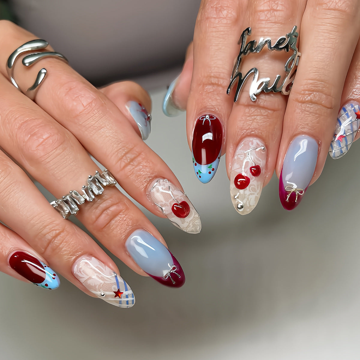 24-Piece Sweet & Edgy Girl Style Almond Press-On Nails, Luxury Elegant Fake Nails, Sophisticated Glamorous Manicure Set