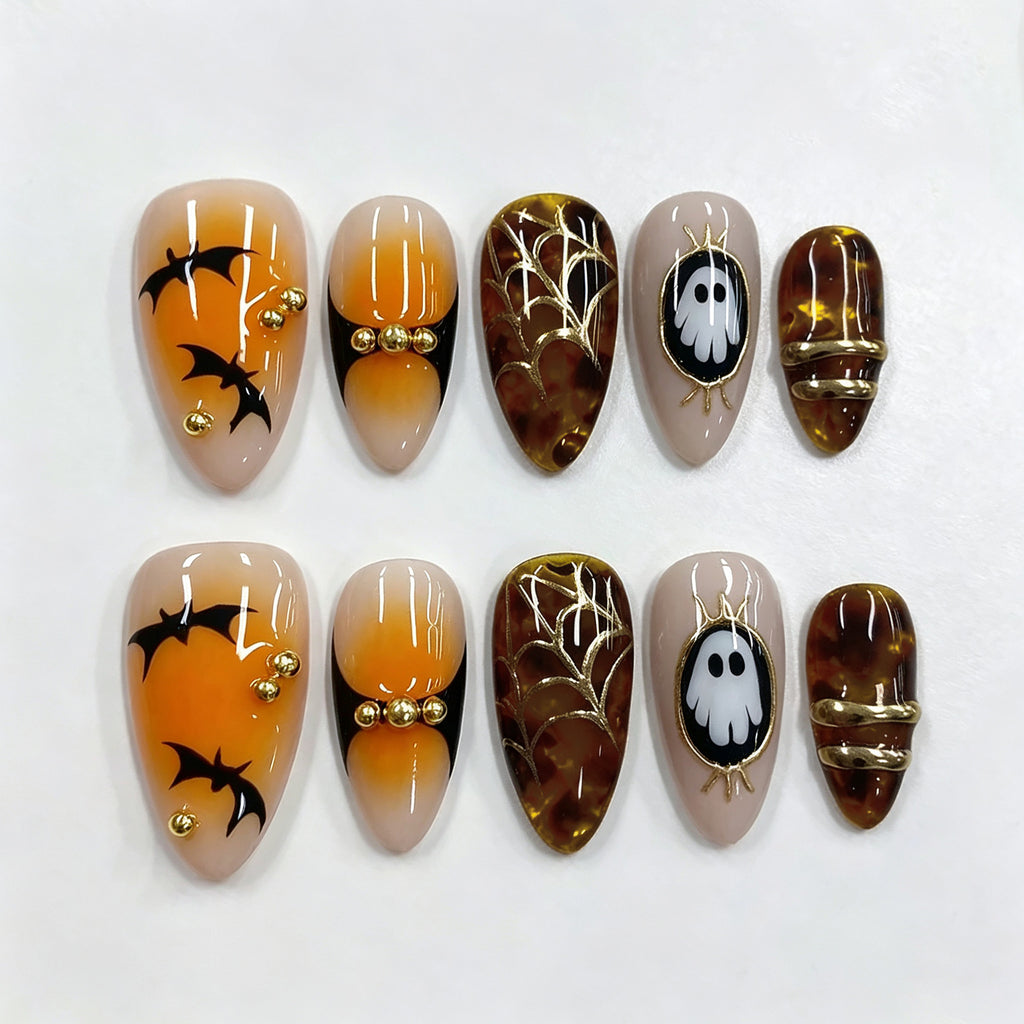Halloween Ghost Press-On Nails – Gold Spider Web & Bat Almond Nail Design, 30-Piece Set