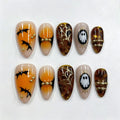 Halloween Ghost Press-On Nails – Gold Spider Web & Bat Almond Nail Design, 30-Piece Set