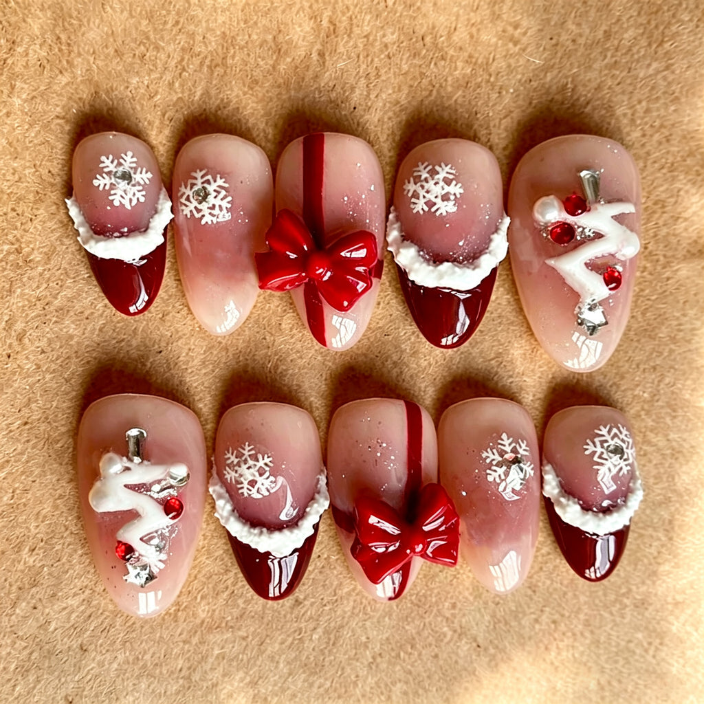 3D Snowflake Rhinestone Christmas Tree Almond Press-On Nails, Cute Bow French Tip Holiday Fake Nails, Glamorous Christmas Nail Art