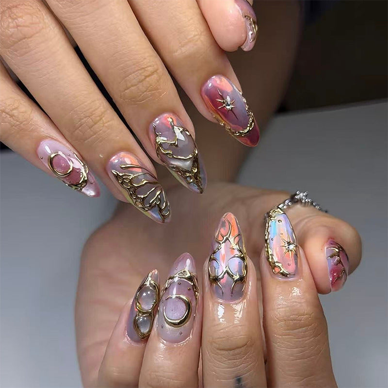 Handmade Luxury Press-On Nails, Aurora 3D Gold-Leaf Almond False Nails, Elegant Iridescent Nail Tips for Women