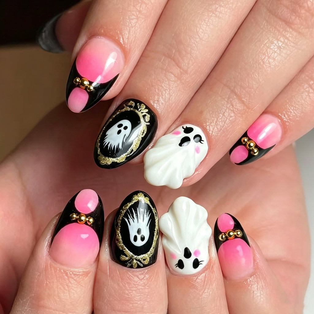 Pink Halloween Ghost Press-On Nails – 3D Gold Almond Nails with Cute Blush Design, 30-Piece Set