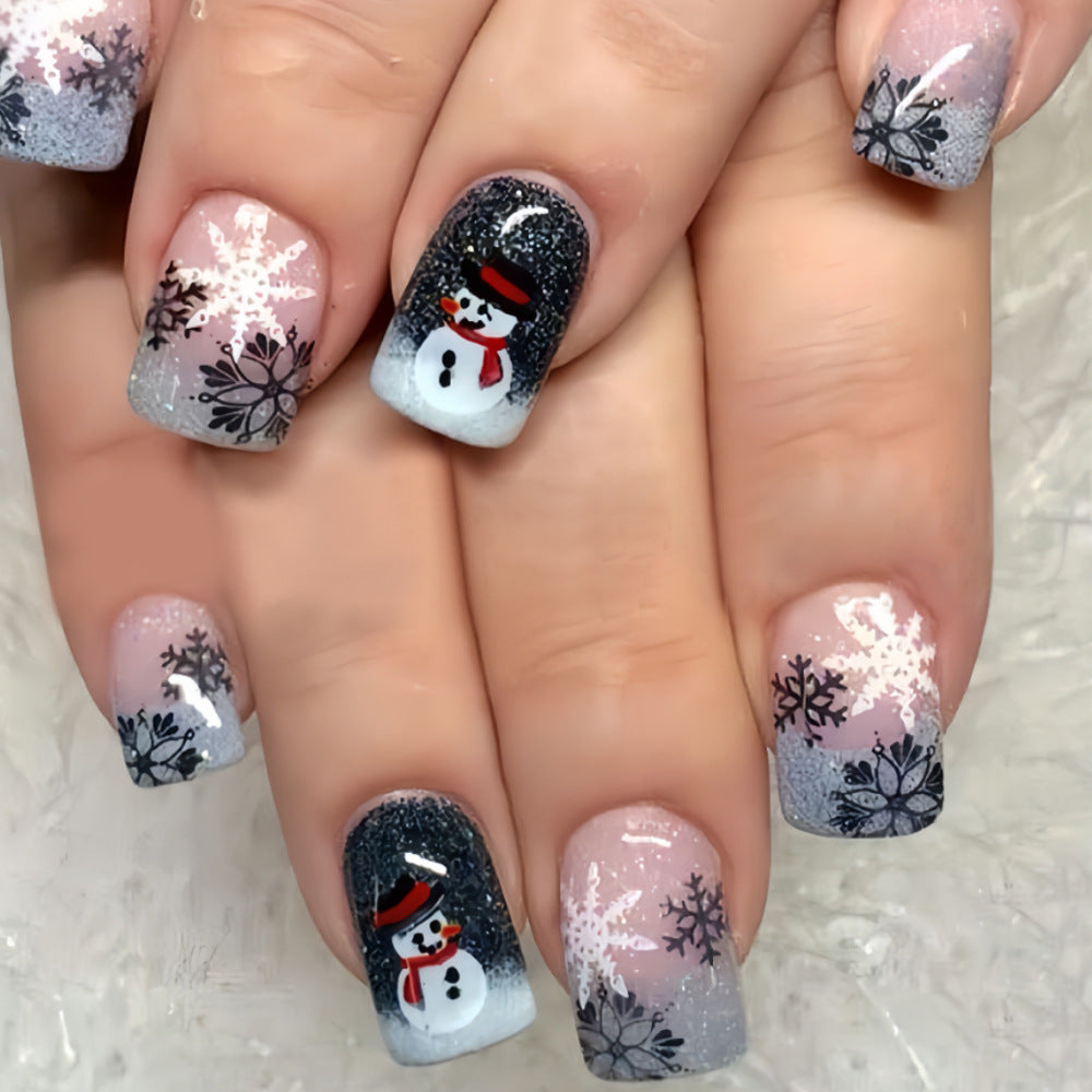 Christmas Snowman & Snowflake French Press-On Nails, Black and White Cute Nails with Silver Glitter, Festive Winter False Nails for Women