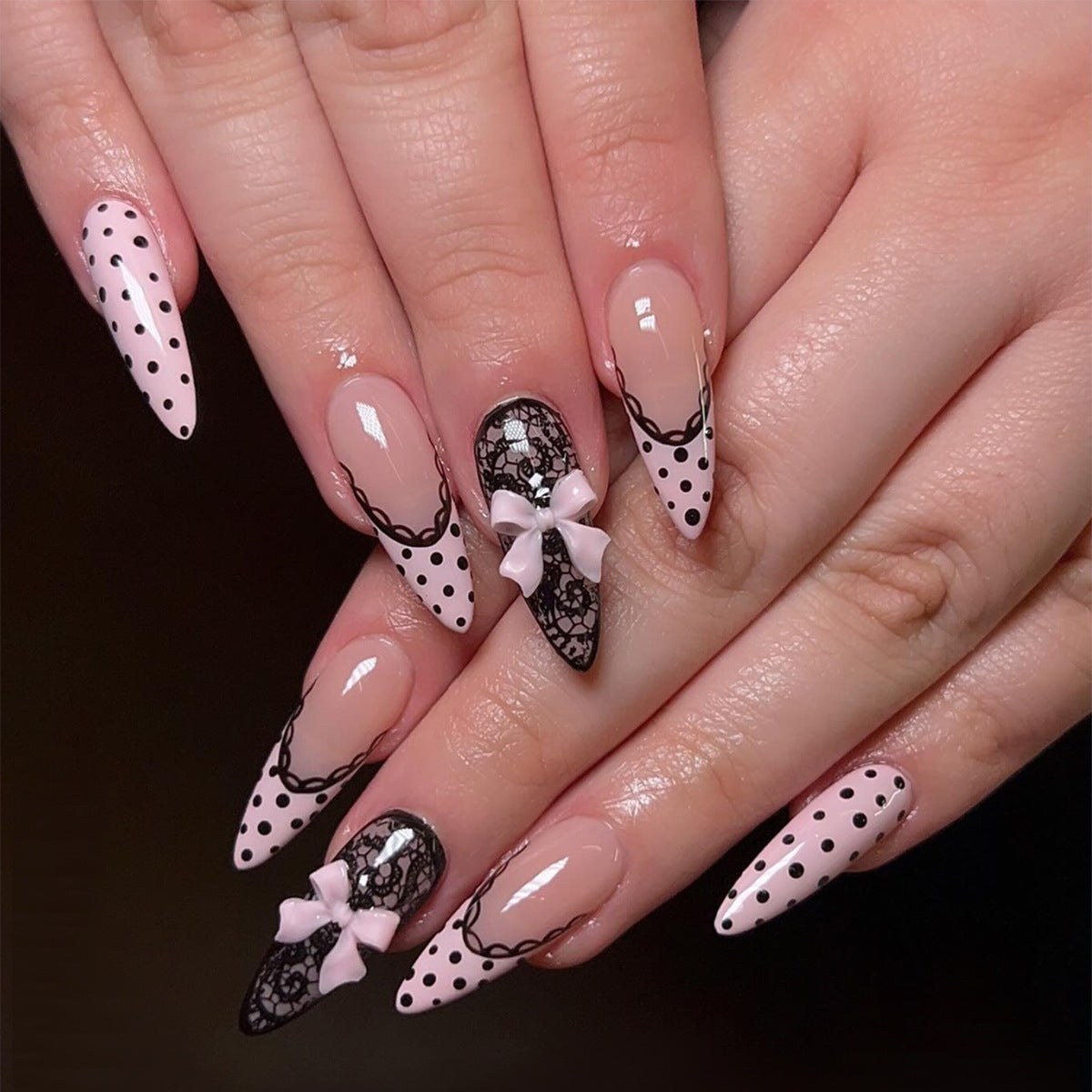 Handmade Almond Press-On Nails, Edgy Black Lace French Tips with Chic Polka Dots, Y2K Aesthetic Fake Nails, Elegant & Trendy Reusable Nail Art