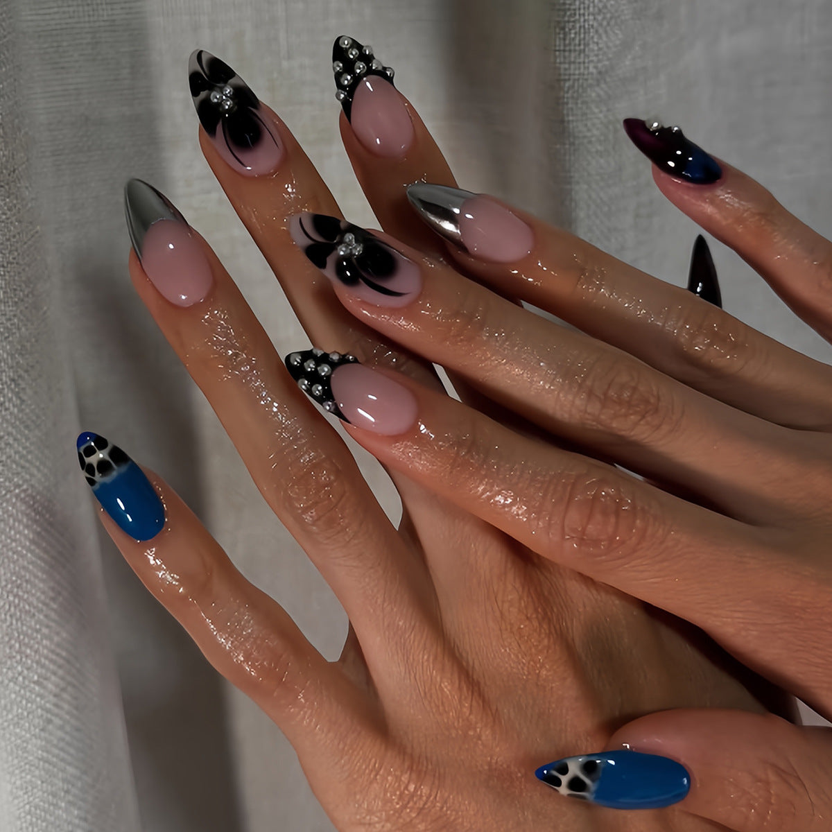 Leopard Print French Star Press-On Nails, Handmade Almond-Shaped Removable Fake Nails, Mixed Design Manicure Set