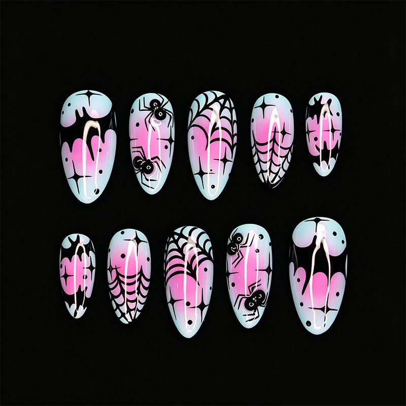 Handmade Halloween Almond Press-On Nails, Gradient Spider Web Design, Sweet & Cool False Nails, Trendy Nail Tips for Women & Girls