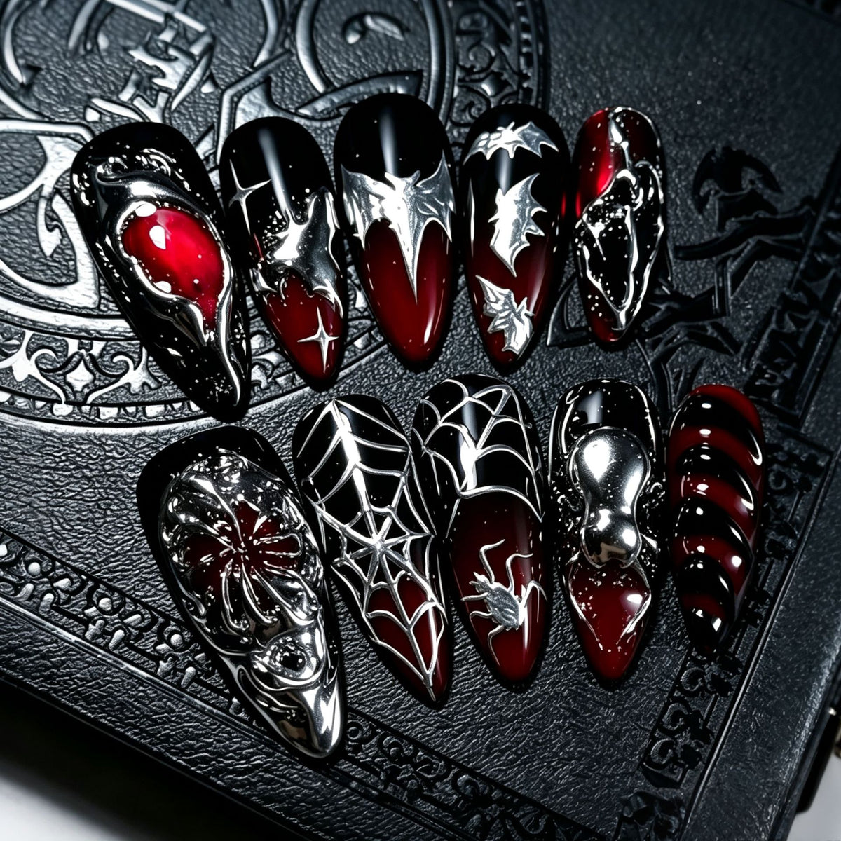 Y2K Halloween 3D Spider & Bat Almond Press-On Nails – Gold Embellished Design, 30-Piece Set