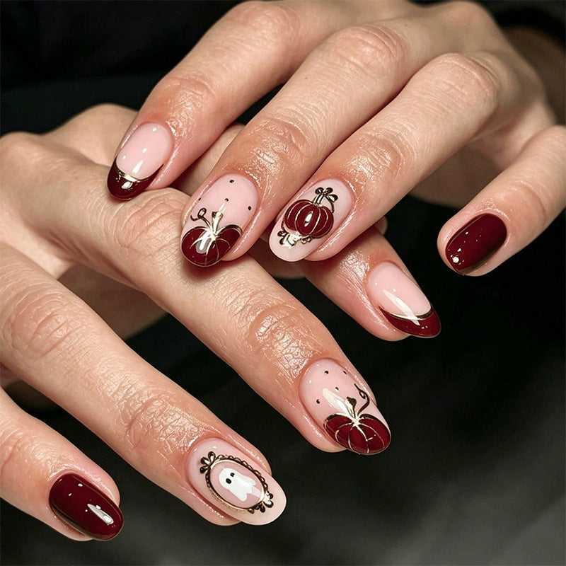 Handmade Halloween Almond Press-On Nails, Cute Ghost & Pumpkin Design, Sweet & Cool False Nails, Trendy Nail Tips for Women & Girls
